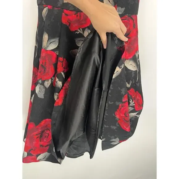 White House Black Market Black Red Rose Fit & Flare Floral Coktail Dress 10 - Picture 10 of 11